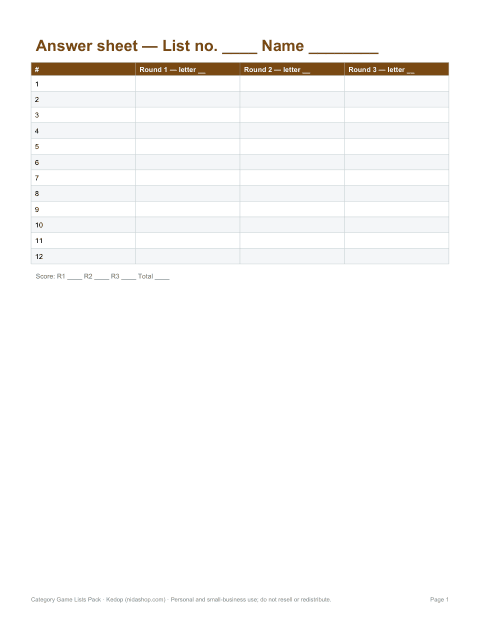 Preview of the first page of Answer sheet (PDF/DOCX)
