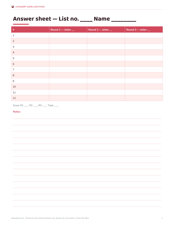 Preview of Printable Scattergories Answer Sheet