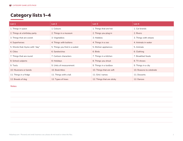 Preview of Printable Scattergories Lists 1-4