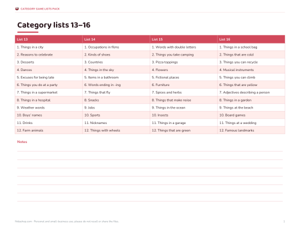 Preview of Printable Scattergories Lists 13–16
