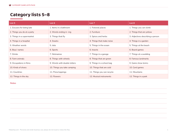 Preview of Printable Scattergories Lists 5–8