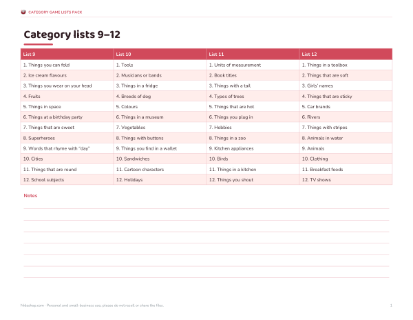 Preview of Printable Scattergories Lists 9-12