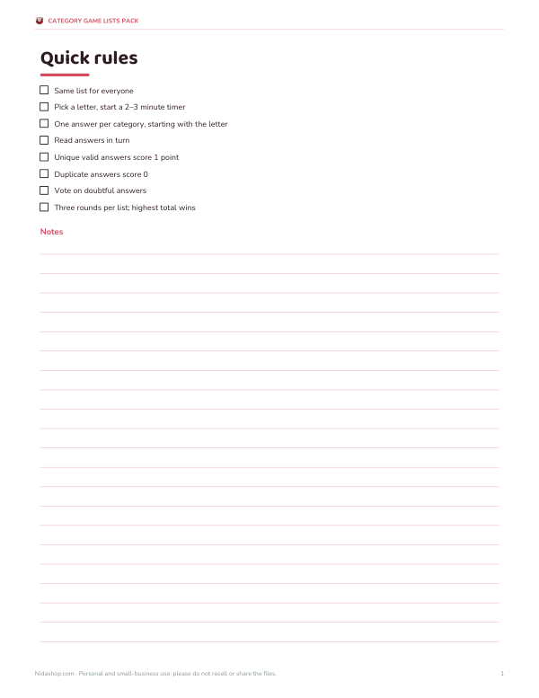 Preview of Printable Scattergories Rules Card