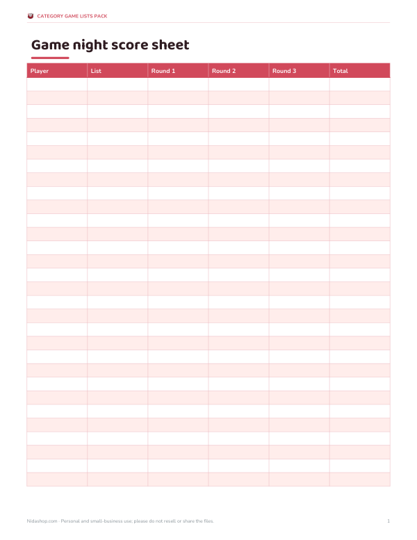 Preview of Printable Scattergories Score Sheet
